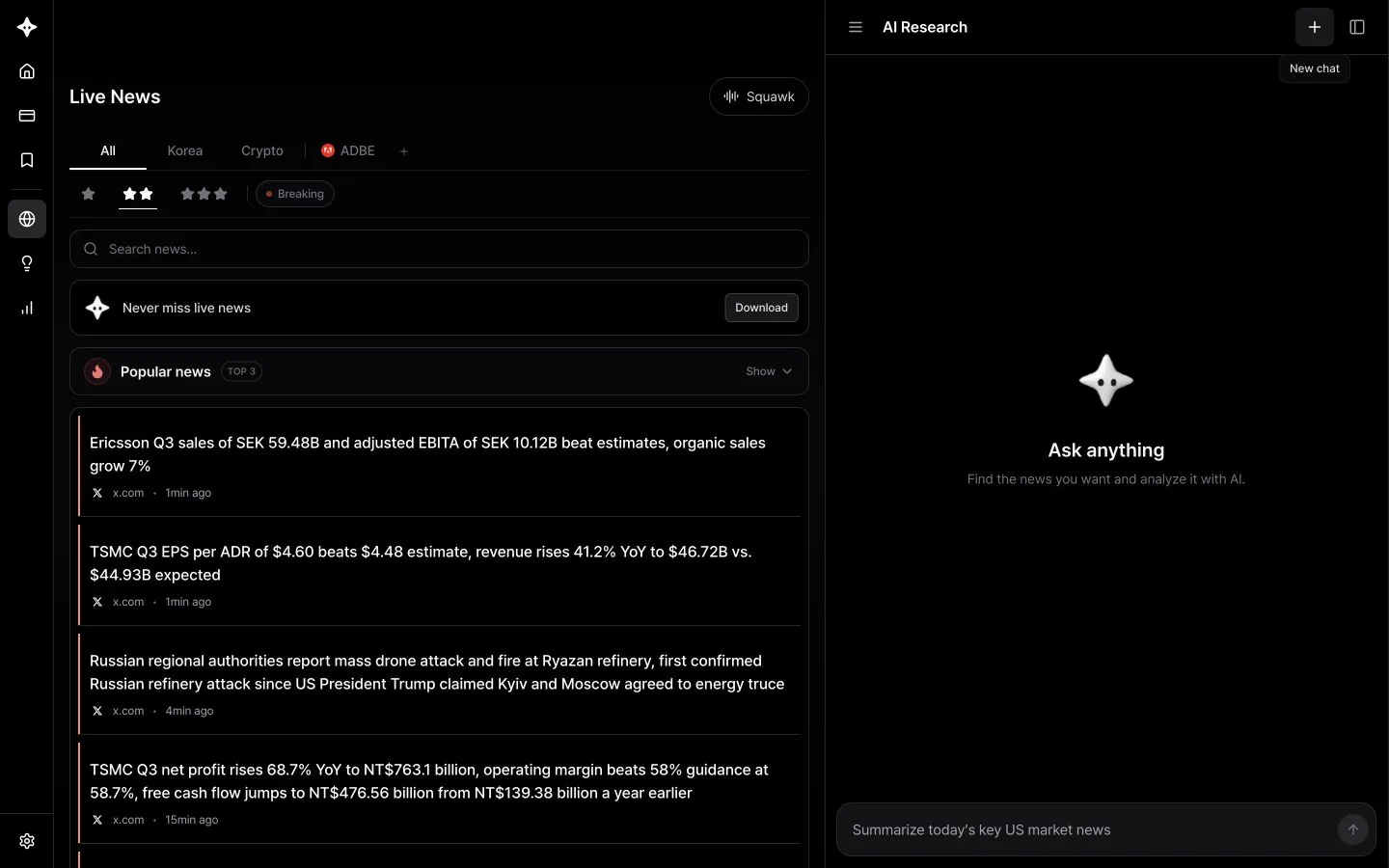 The AI Research panel open on the right side of a tool page