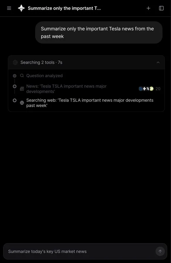 An AI Research answer with news and web search steps in progress
